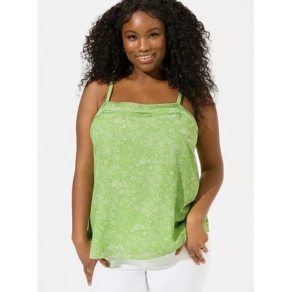 Torrid Chiffon Pintuck Square Neck Cami Top Lined Tank Plus Size 3 Floral Green